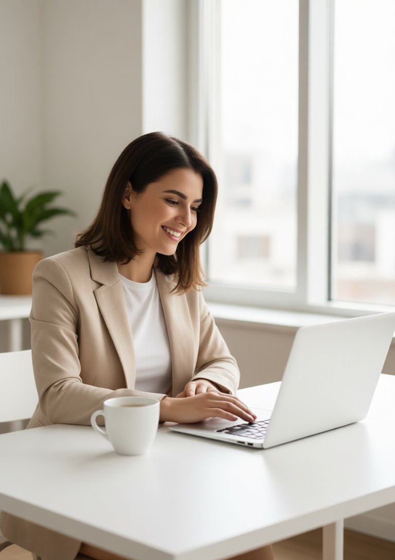 The same employee calmly working at her laptop