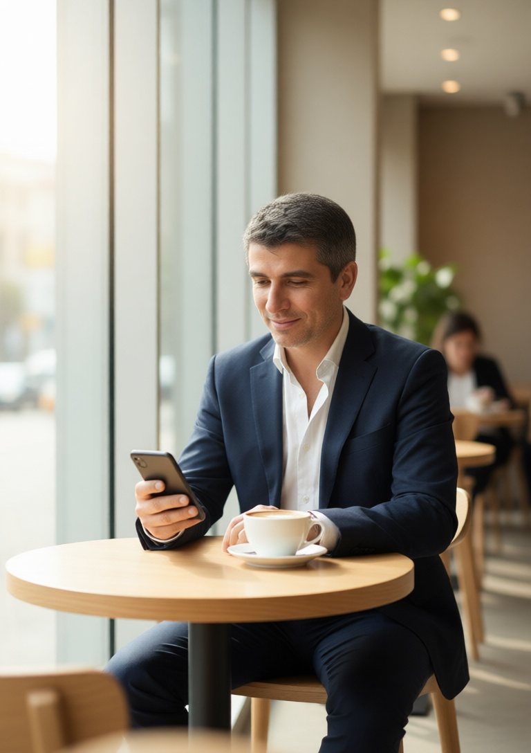 A director with a cup of coffee looks at his phone