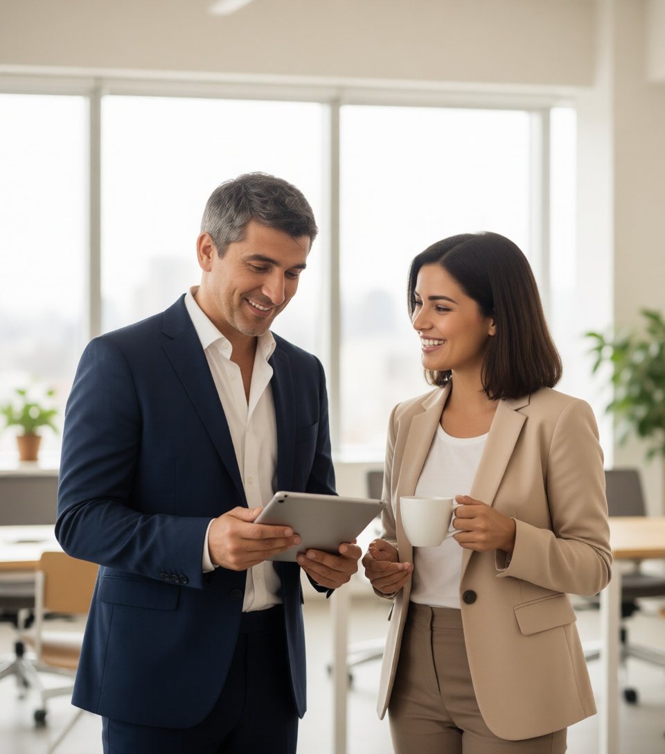 A director and an employee look at a tablet together