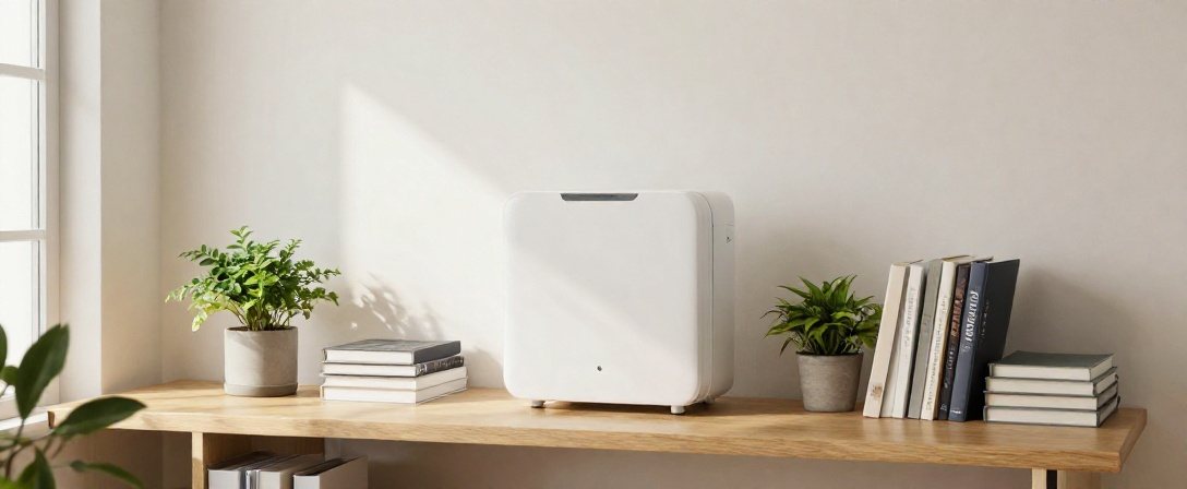 A small white computer on an office shelf