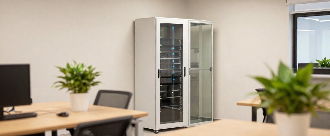 A server rack in a bright office among desks