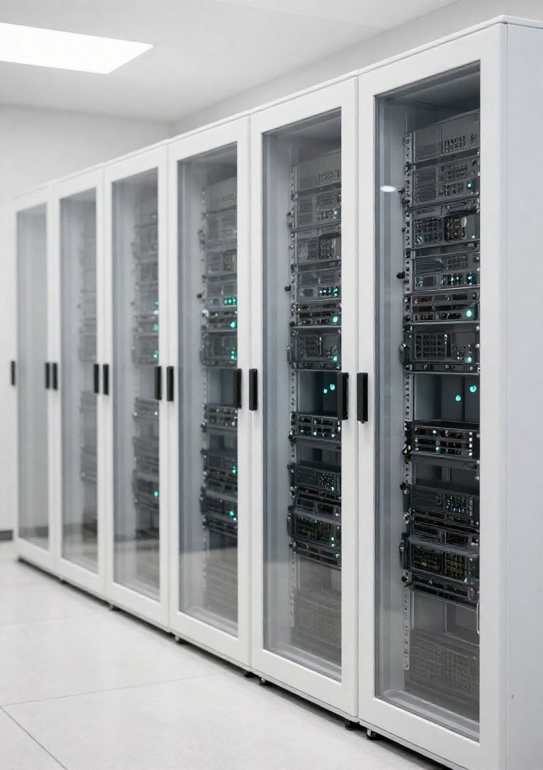 A bright server room with white racks behind glass