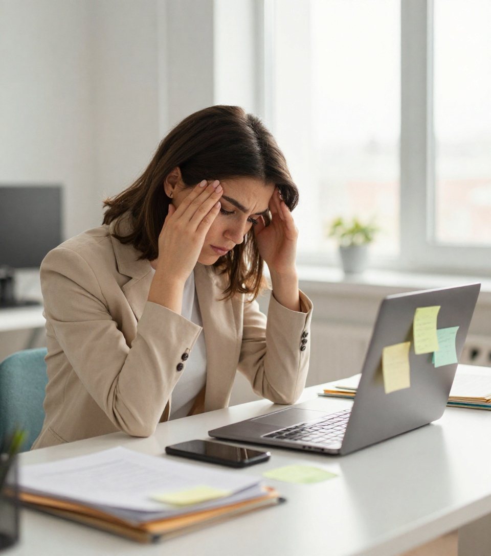 A tired employee at a desk among a laptop, a phone and sticky notes