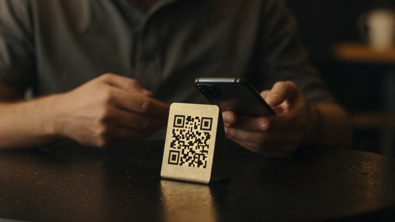 Металлическая табличка с QR-кодом на столе кафе, гость наводит телефон